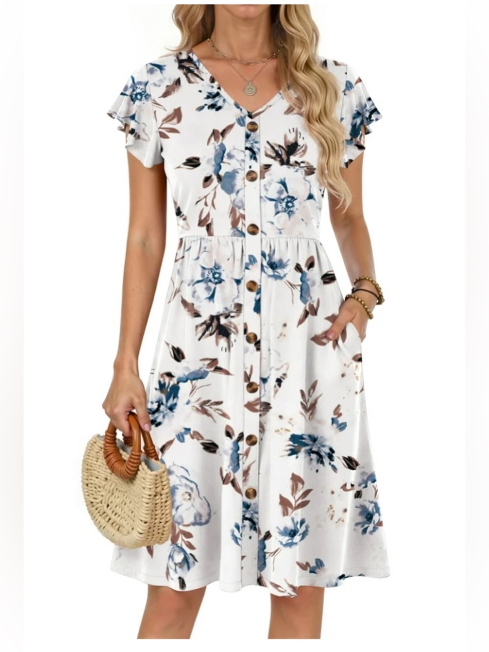 Fantaslook Flowy Summer White Floral Dress Ruffles and Vneck - size L